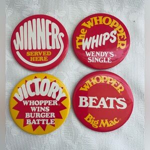Vtg Burger King buttons 1982 Battle Wendys McDonald’s Big Mac 4 pinback pins 3”